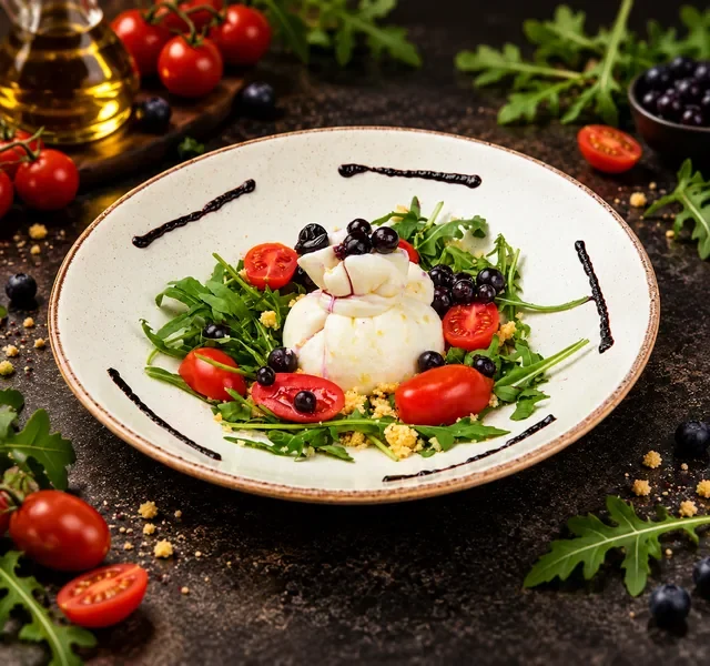 Burrata salata restorana Insolita sa rukolom, čeri paradajzom, tamnim bobičastim voćem i dekorativnim balsamiko prelivom.